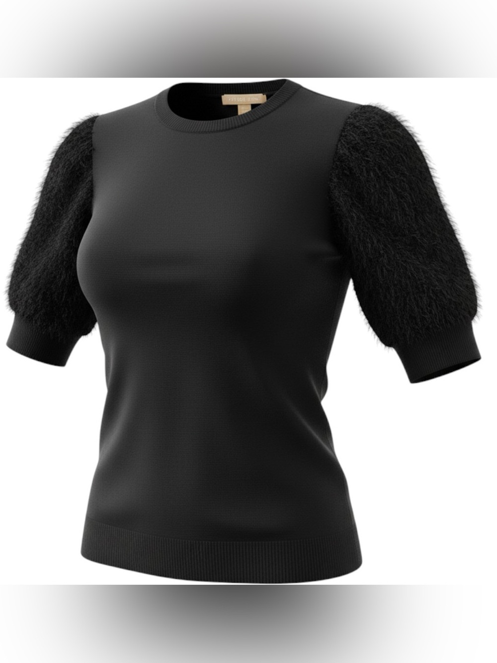 Michael Kors Black Crewneck Wool Sweater Fuzzy Puff Alpaca Sleeves